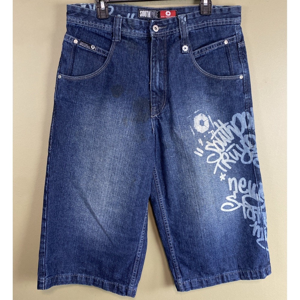 Southpole Y2K Baggy Loose Fit Denim Shorts HipHop RAP size 34 Graffiti Spell Out